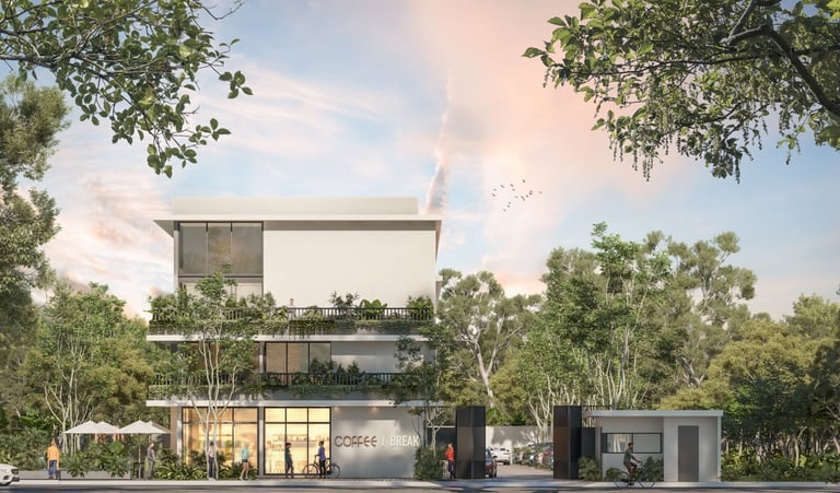 Modern three-story residential building with horizontal glass panels, contemporary architectural design
