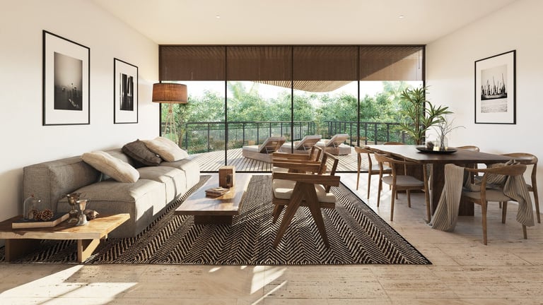 Modern minimalist living room with neutral earth-toned decor