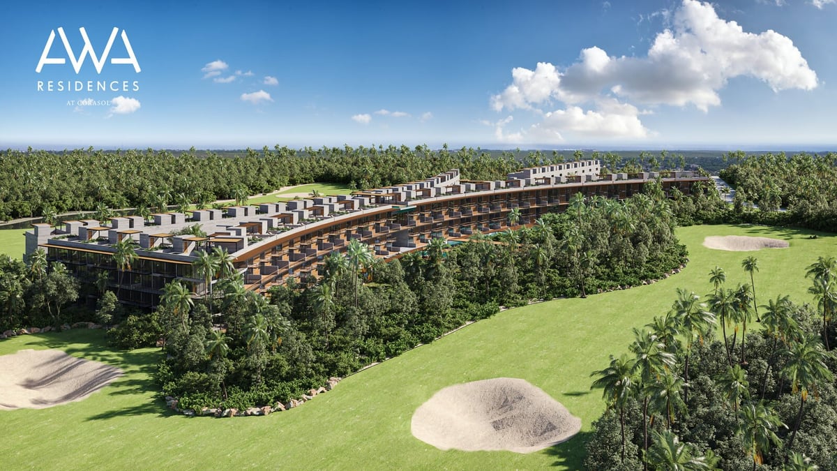 Aerial view of AWA Residences luxury development with curved architecture and golf course