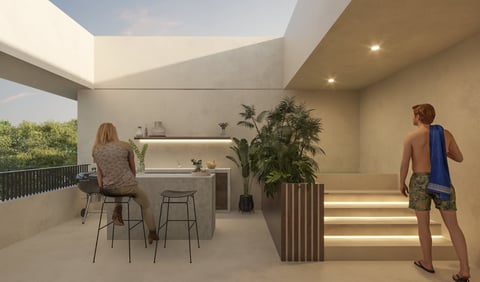 Modern rooftop terrace with bar seating, potted plants, two people, skylights, and illuminated steps