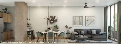 Modern living and dining room with gray sofa, round dining table, pendant lights, and large windows with natural daylight
