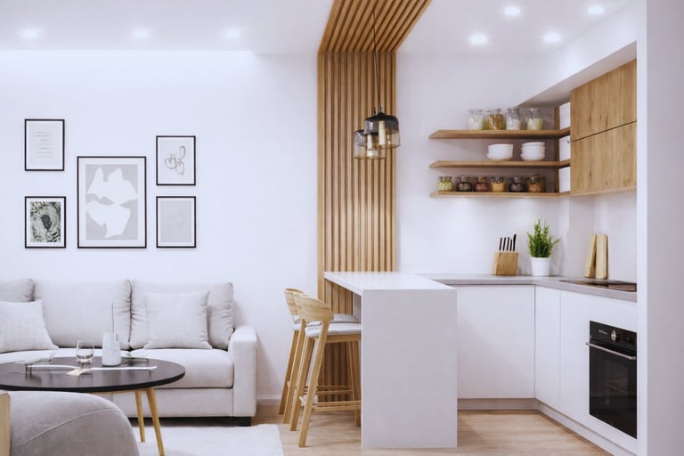 Interior de Casa José Matías con sala de sofá blanco, cocina con acentos de madera, galería de arte en pared y piso de madera natural