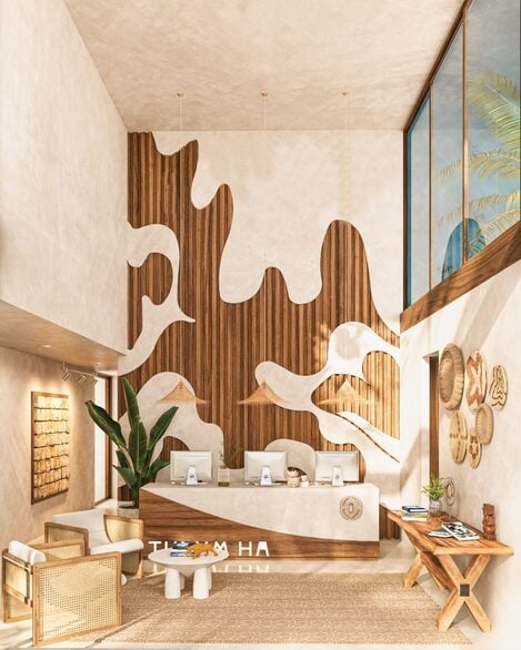 Modern retail store interior with wooden wavy wall art behind white counter, natural materials, and minimalist decor