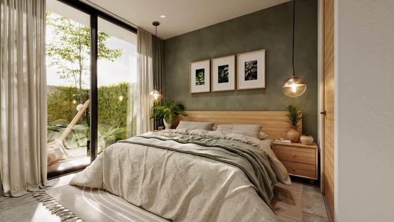 Modern bedroom with queen bed, olive green accent wall, wooden nightstands, and floor-to-ceiling windows overlooking garden