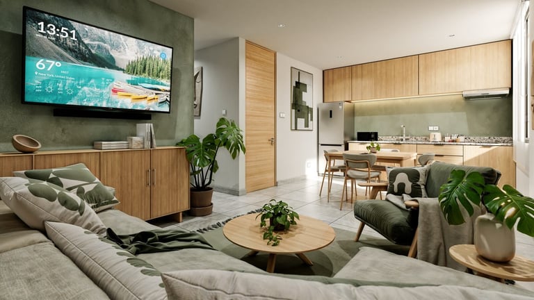 Modern open-plan living room with wall-mounted TV, light wood cabinetry, grey sofa, plants, and kitchen visible in background