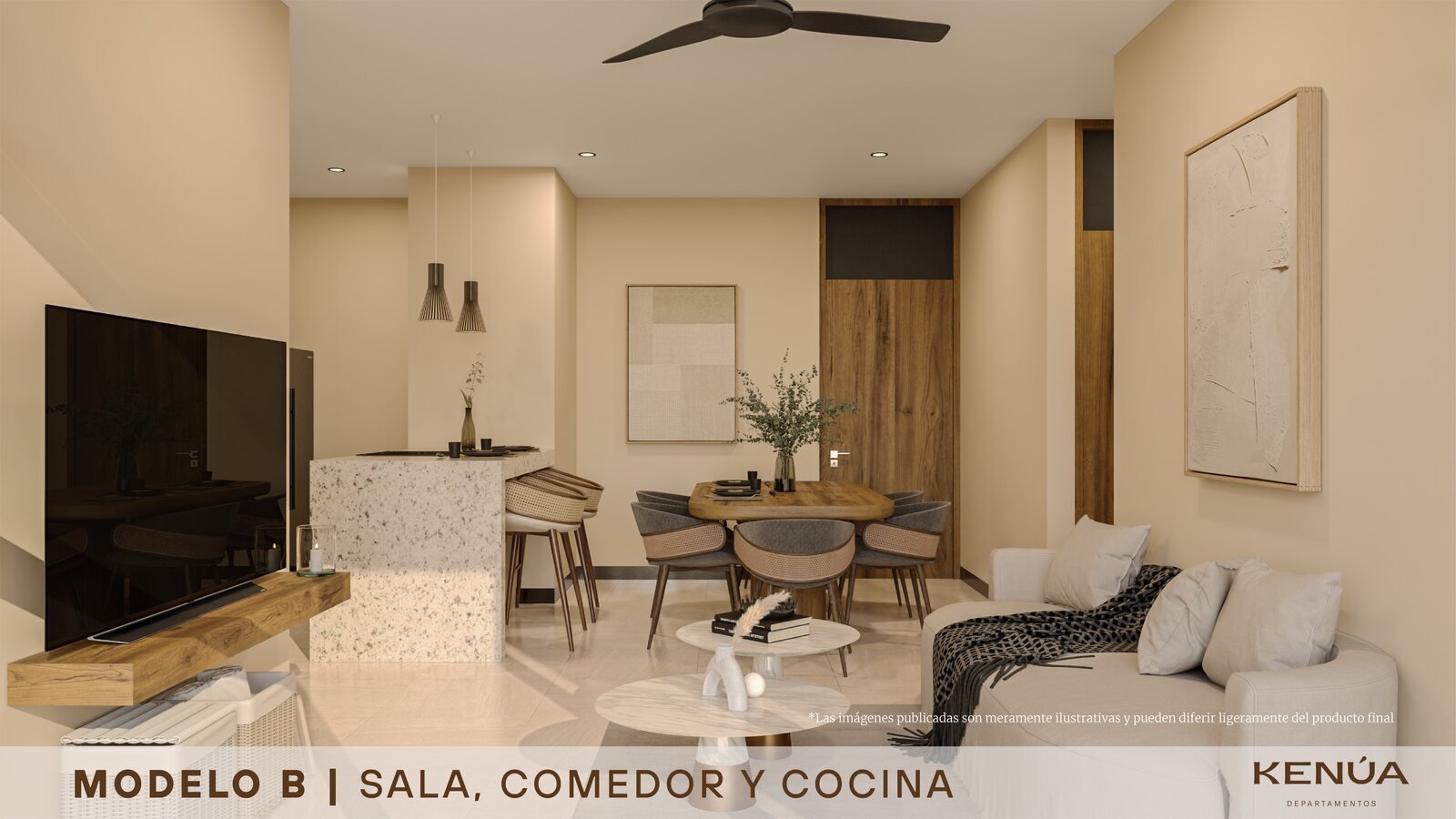 Modern apartment interior showing open-concept living room with dining area and kitchen, featuring neutral beige tones and contemporary furniture