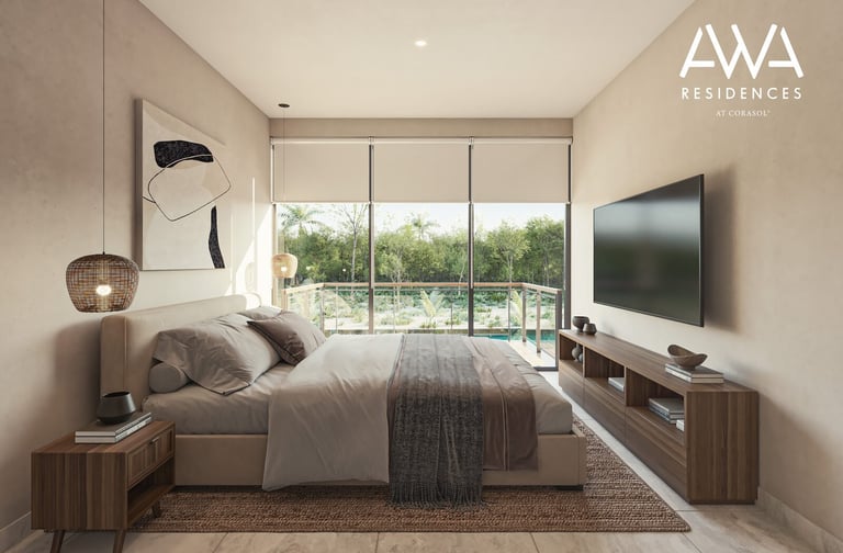 Modern bedroom with wood furnishings and large windows