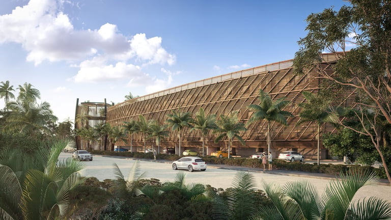 Modern tropical building with wooden slats and palm trees