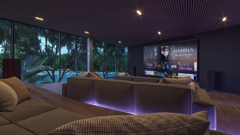 Modern luxury lounge with purple ambient lighting and panoramic windows