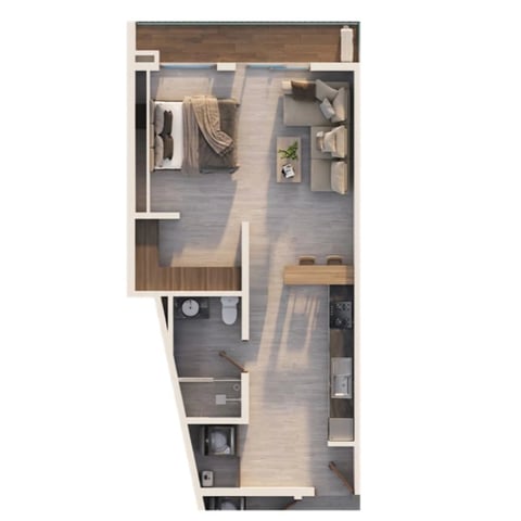 Plano del Studio 3 con alcoba, cocina, baño y sala con mobiliario