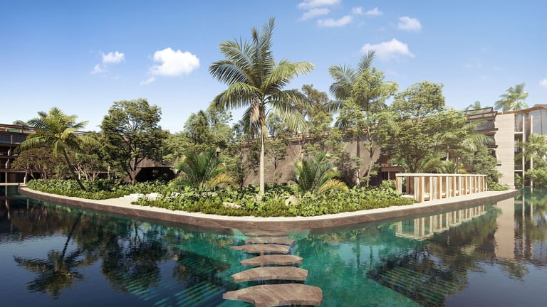 Modern resort with turquoise pool and palm trees