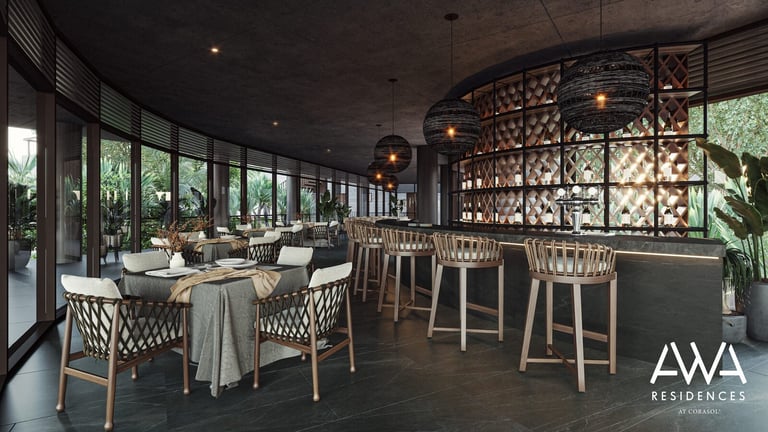Modern restaurant interior with woven chairs and pendant lights