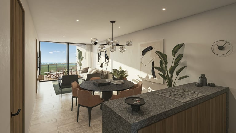 Modern apartment with open-plan kitchen and panoramic window