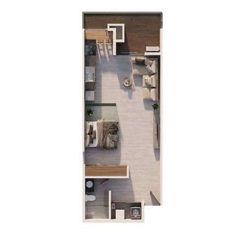 Plano del Studio 1 con cocina, sala, alcoba y baño con mobiliario