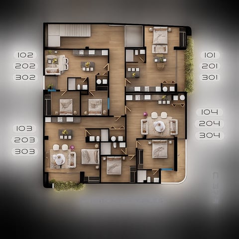 Floor plan layout showing multiple residential units with room numbers, furniture placement, and green spaces