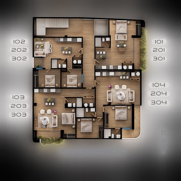 Floor plan layout showing multiple residential units with room numbers, furniture placement, and green spaces