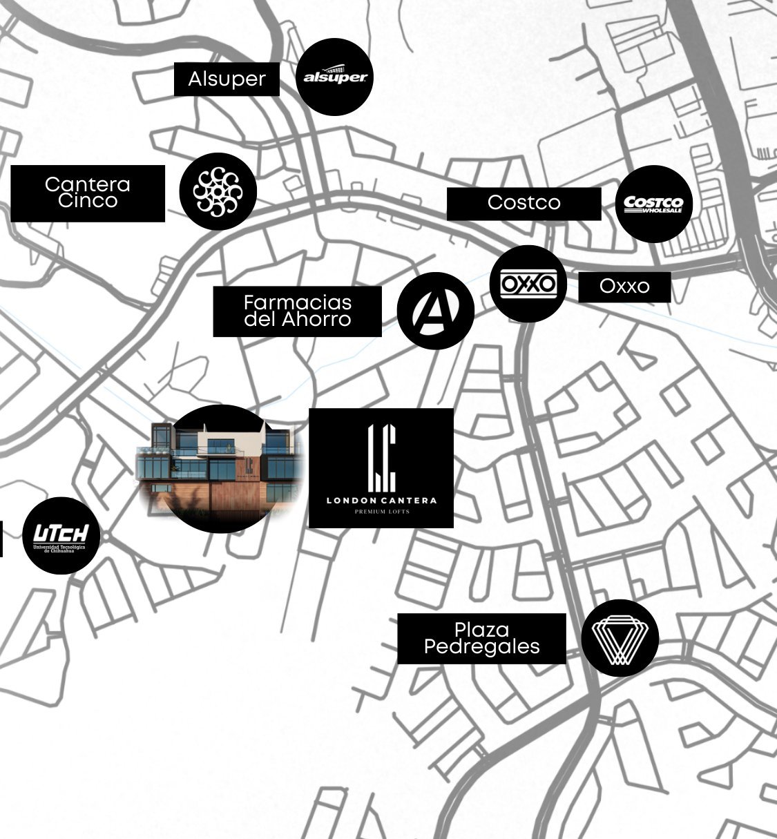 Mapa del entorno de London Cantera con Alsuper, Cantera Cinco, Costco, Oxxo, Farmacias del Ahorro y Plaza Pedregales