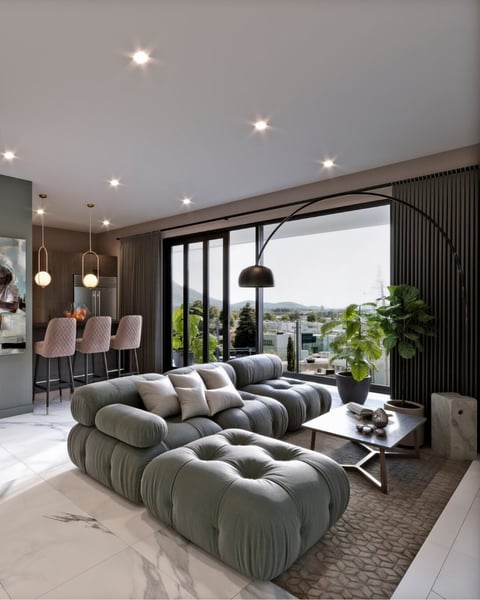 Modern luxury apartment interior with puffy gray sectional sofa, pendant lights, bar seating, and floor-to-ceiling windows overlooking cityscape