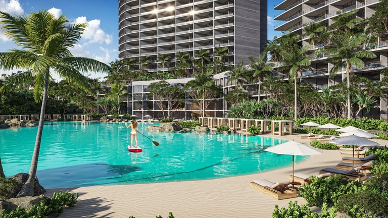 Tropical resort pool with turquoise water and palm trees