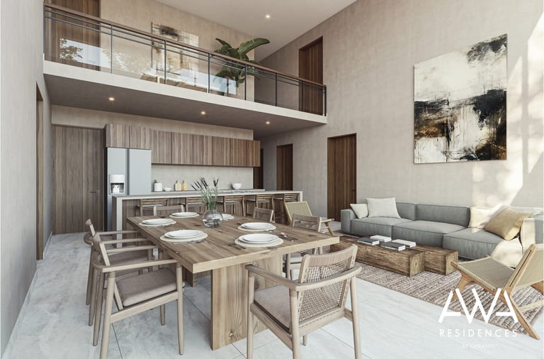Modern two-story loft interior with open dining and living area