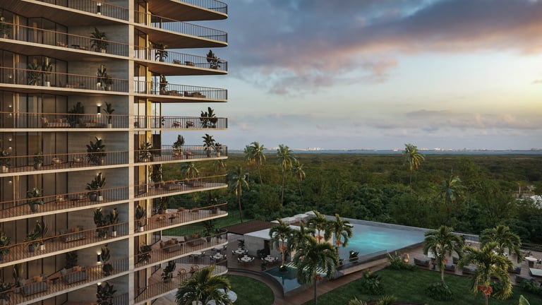 Modern residential tower with balconies overlooking pool at sunset