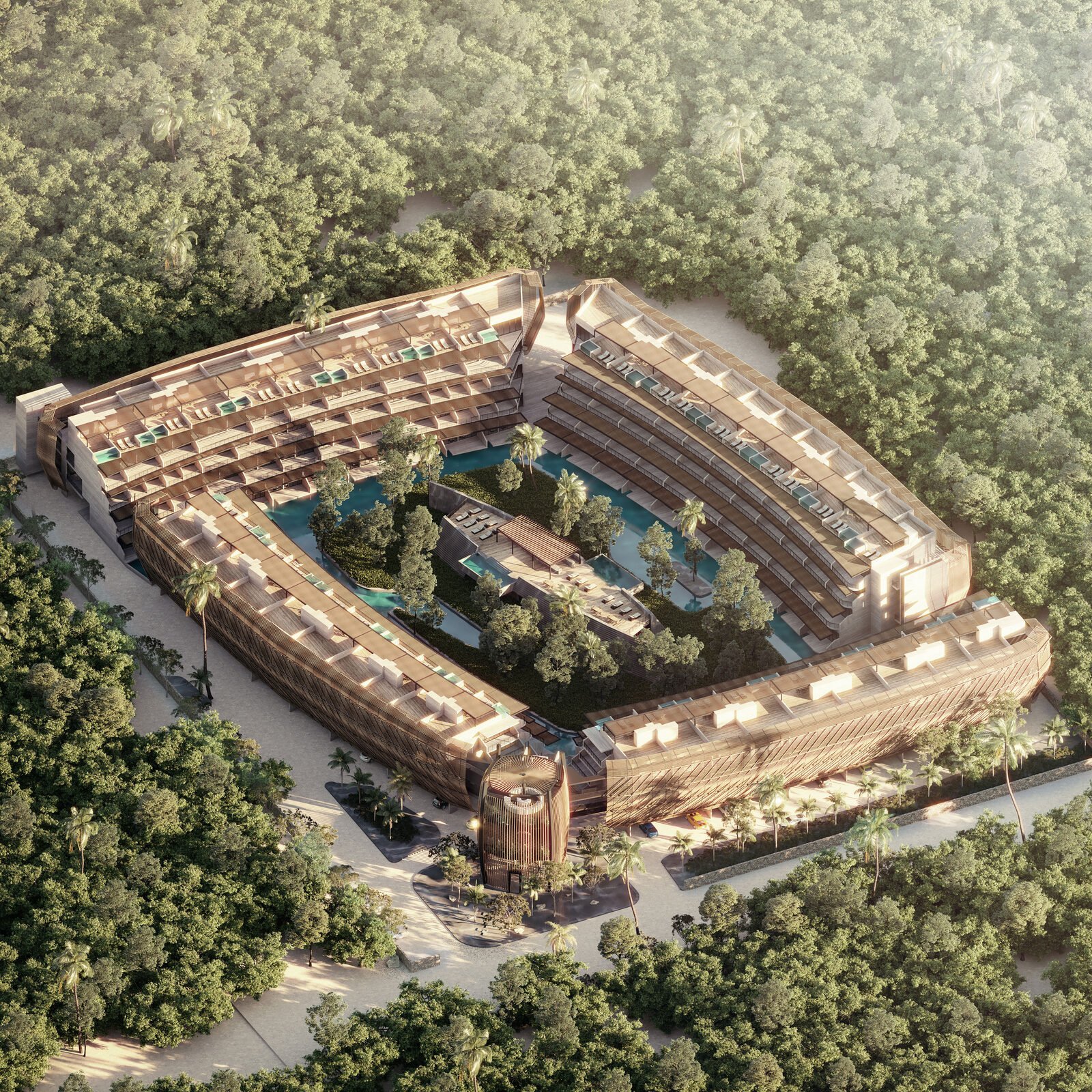 Aerial view of a modern wooden stadium structure surrounded by dense green forest and trees