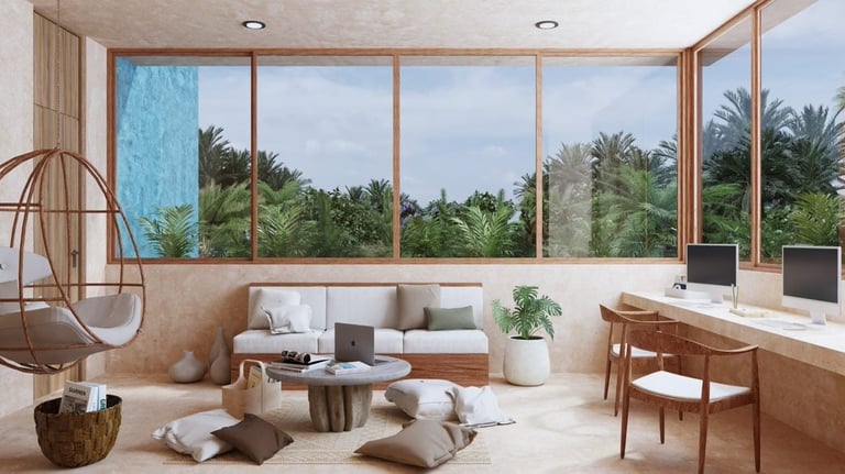 Modern home office with large windows overlooking tropical landscape, featuring hanging chair, wooden desk, and minimalist decor