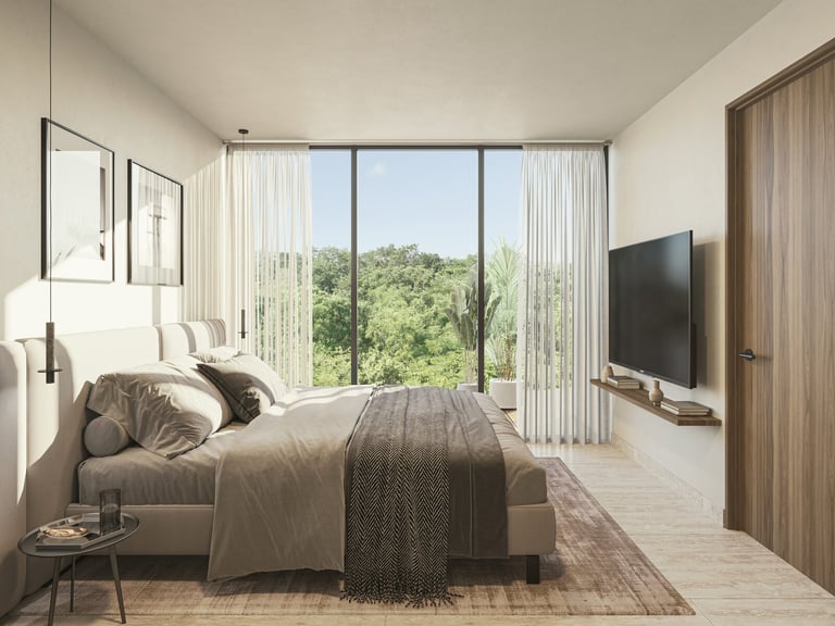 Modern bedroom with large windows overlooking greenery