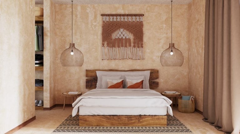 Modern bedroom with low platform bed, two hanging pendant lights, macramé wall hanging, warm earth tones, and minimalist decor