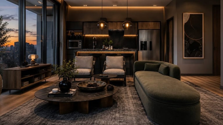Modern luxury apartment with open-plan living space, dark kitchen, seating area with curved sofa, and sunset city views
