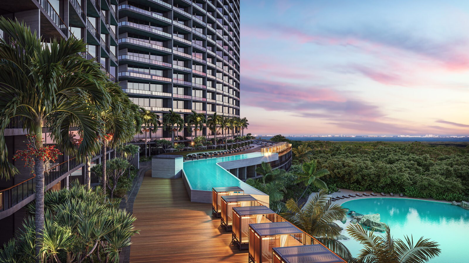 Modern high-rise resort with rooftop infinity pool overlooking tropical landscape at sunset with palm trees and turquoise water