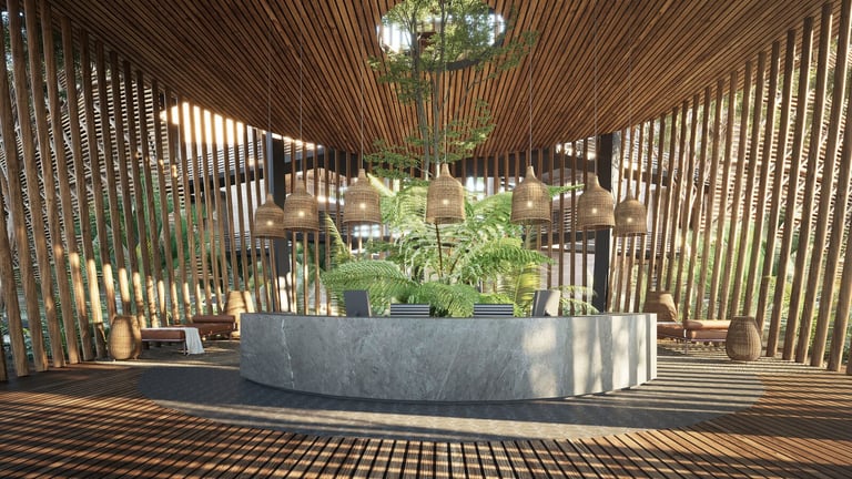 Modern pavilion with wooden lattice walls and greenery