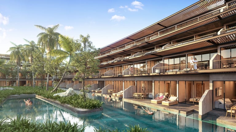 Modern resort courtyard with wooden architecture and curved pool
