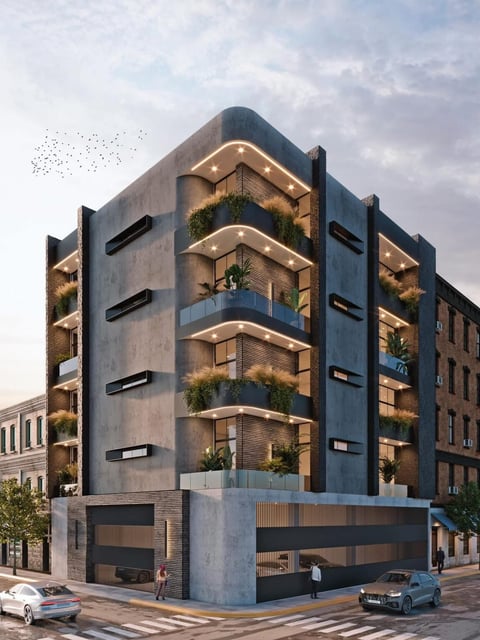 Modern multi-story residential building with tiered balconies, plant greenery, and glass features overlooking a street