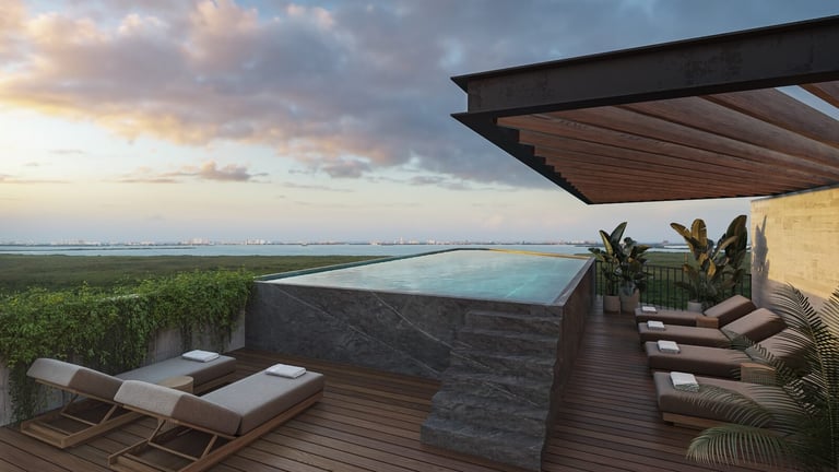 Luxury rooftop terrace with infinity pool at sunset