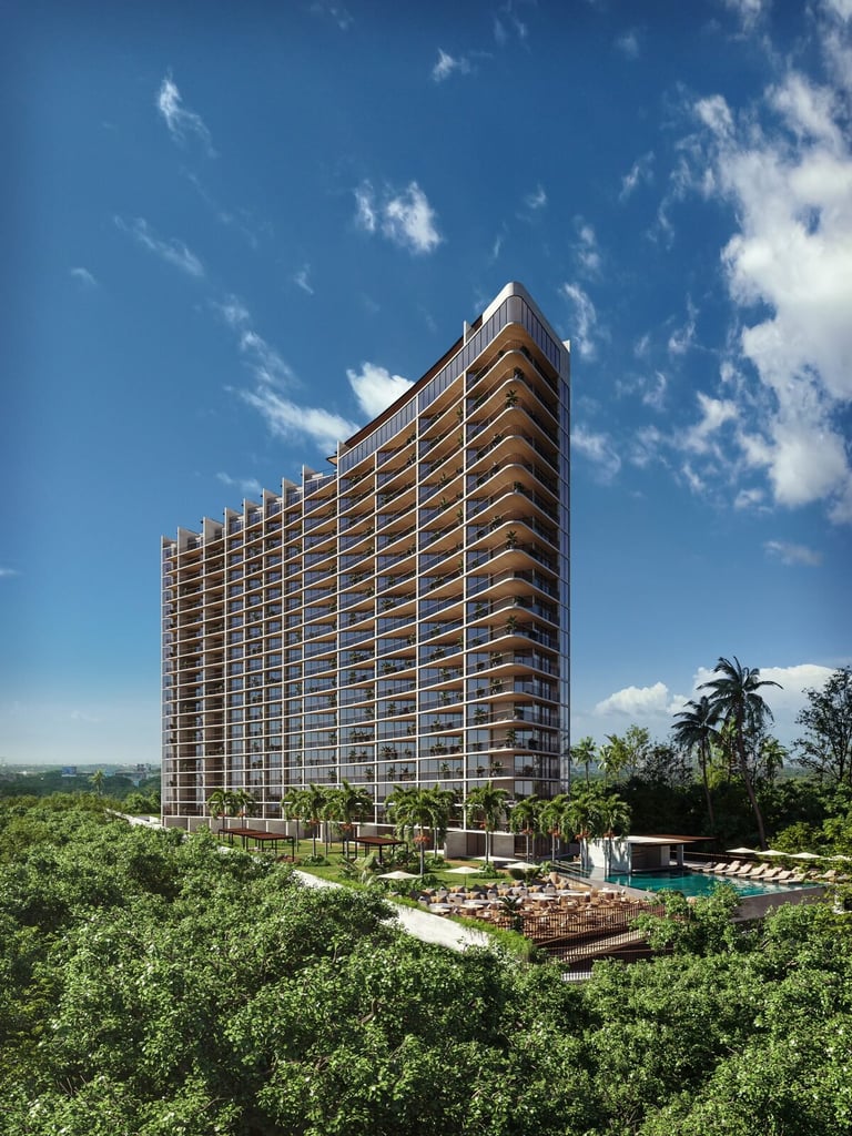 Modern high-rise building with tan brick facade and palm trees