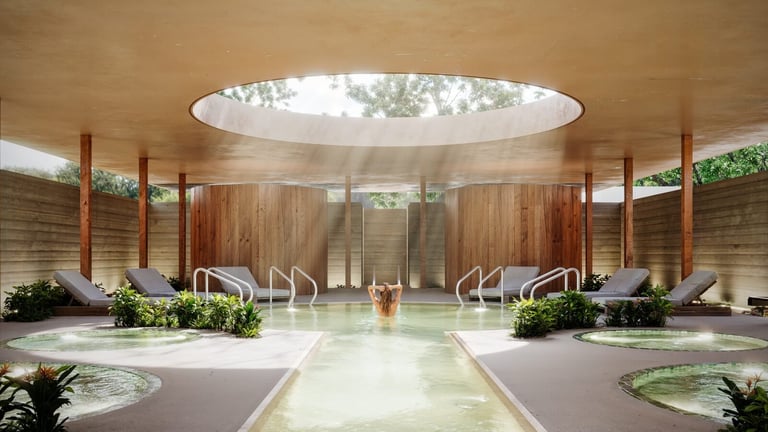 Modern spa interior with circular skylight, lounge chairs, reflecting pools, and wooden architectural elements