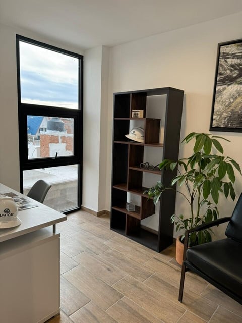 Estudio en Alvatore con estantería oscura, planta decorativa, silla negra y escritorio